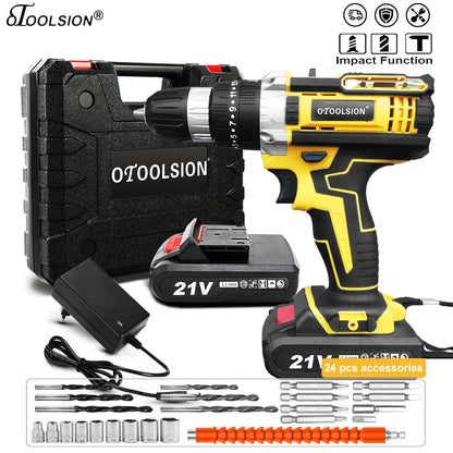 OTOOLSION 21V 25+3 Torque Impact Cordless Screwdriver Cordless Drill Impact Electric Drill Power Tools Hammer Drill Electric