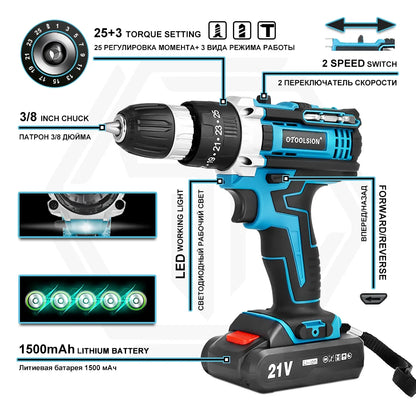 OTOOLSION 21V Impact Cordless Drill 25+3 Torque Cordless Electric Screwdriver Lithium Ion Battery Woodworking Special Power Tool