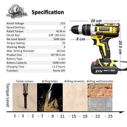 OTOOLSION 21V 25+3 Torque Impact Cordless Screwdriver Cordless Drill Impact Electric Drill Power Tools Hammer Drill Electric