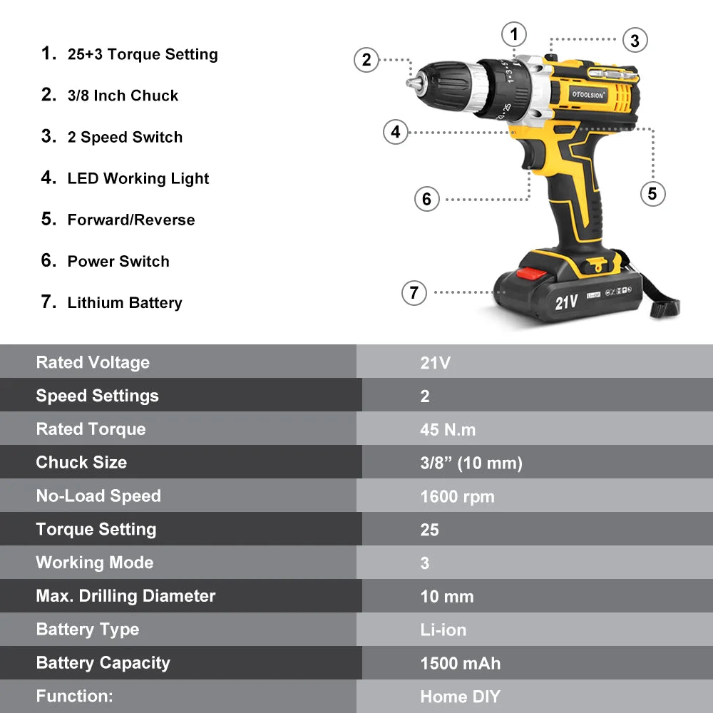 OTOOLSION New 21V Impact Cordless Drill Electric Screwdriver Rechargeable Battery Wireless Hand Drill Power Tools For DIY Home