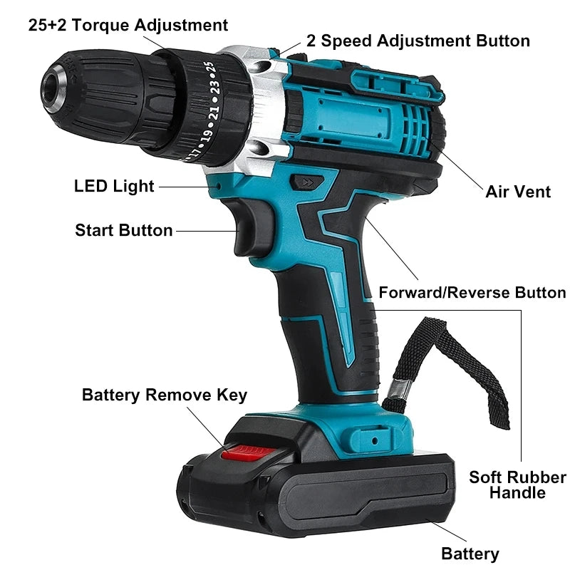 Wiredless Impact Drill Screwdriver Rechargeable Battery Cordless Hammer Drill 25+3Torque Setting Electric Screwdriver Power Tool